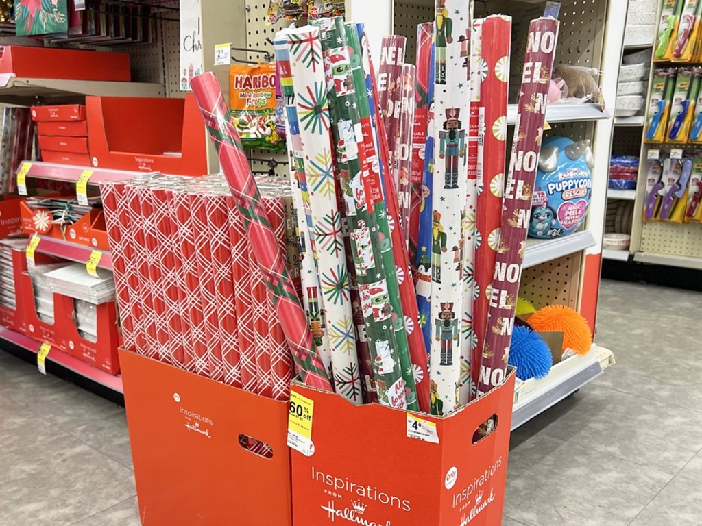 box of rolls of Christmas Wrapping Paper on clearance at Walgreens