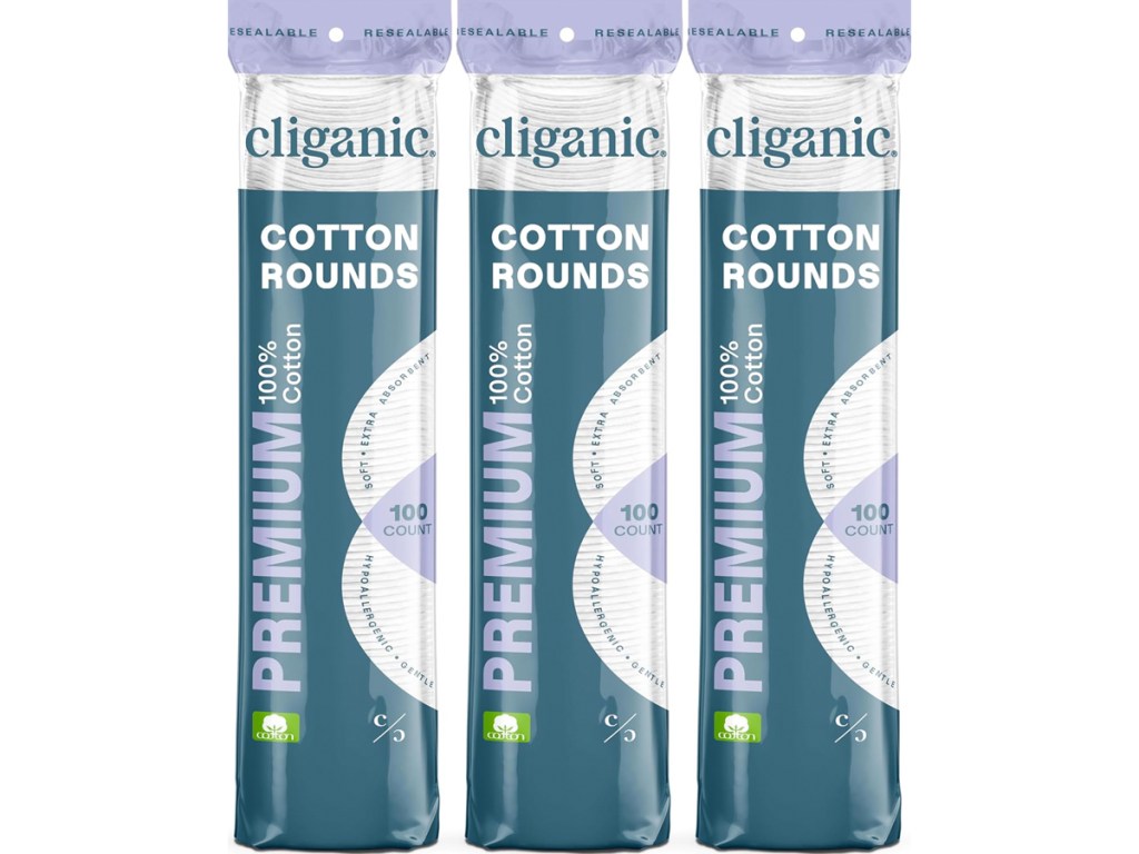 three packages of Cliganic Premium Cotton Rounds