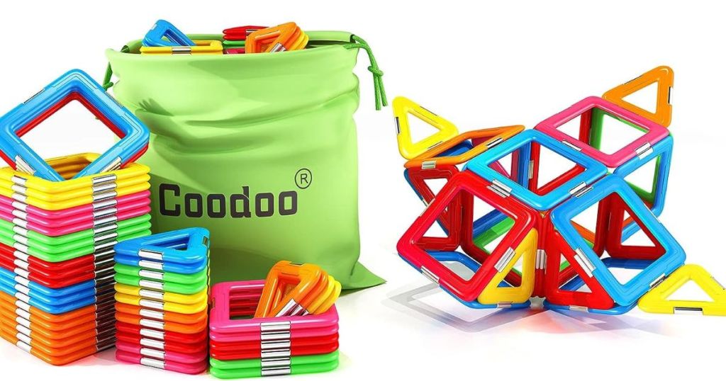 Coodoo bag filled with magnetic tiles with more magnetic tiles surrounding bag