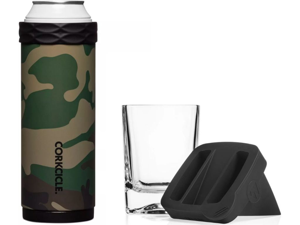 Corkcicle camo patterned Can Cooler and whiskey ice wedge glass