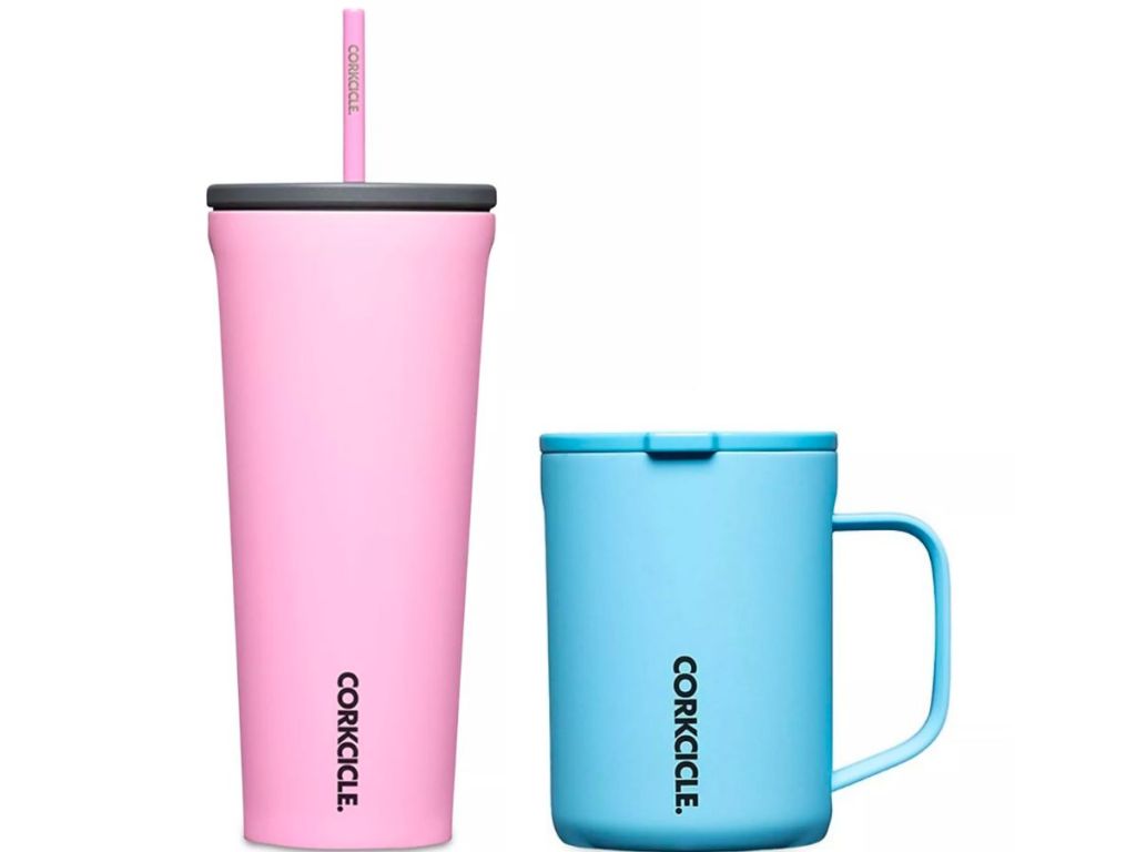 Pink Insulated Stainless Steel tumbler and blue stainless steel mug