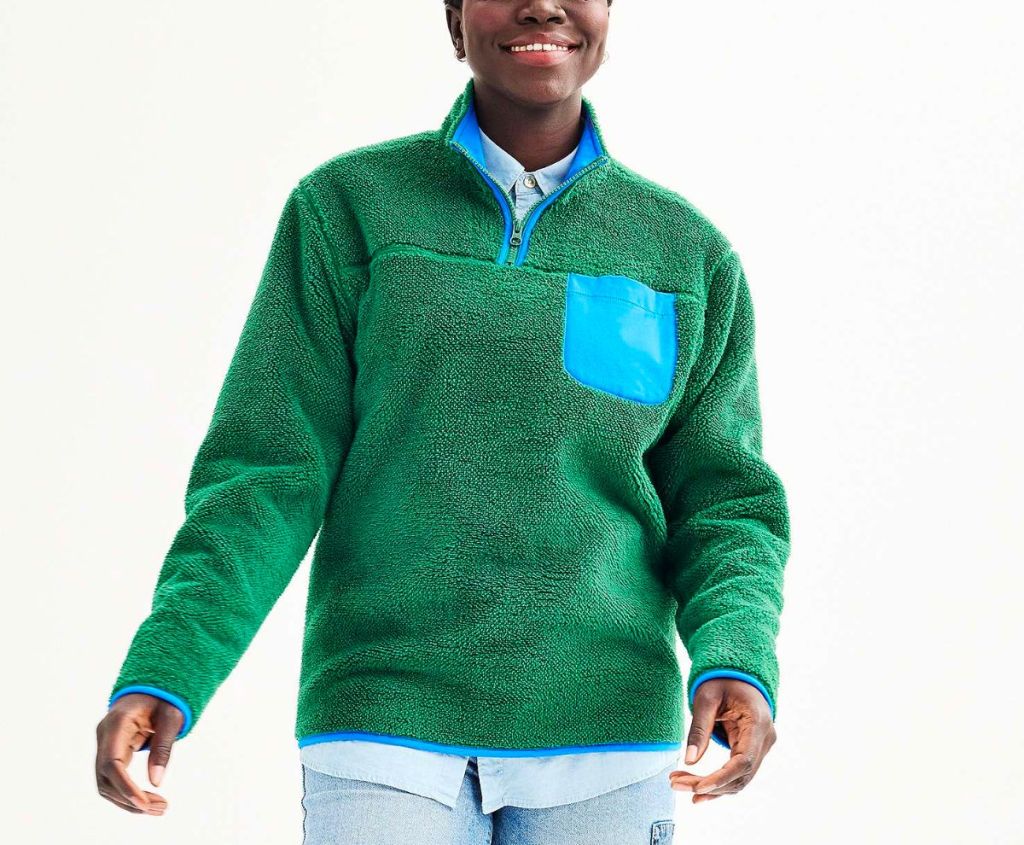 a model wearing a Crayola X Kohl's Adult 1:4-Zip High Pile Fleece Pullover