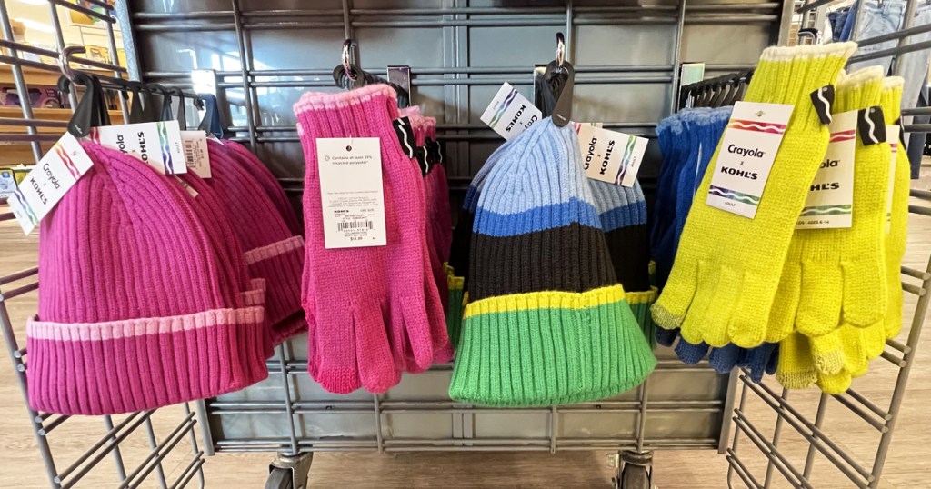 store display of colorful crayola beanies and gloves