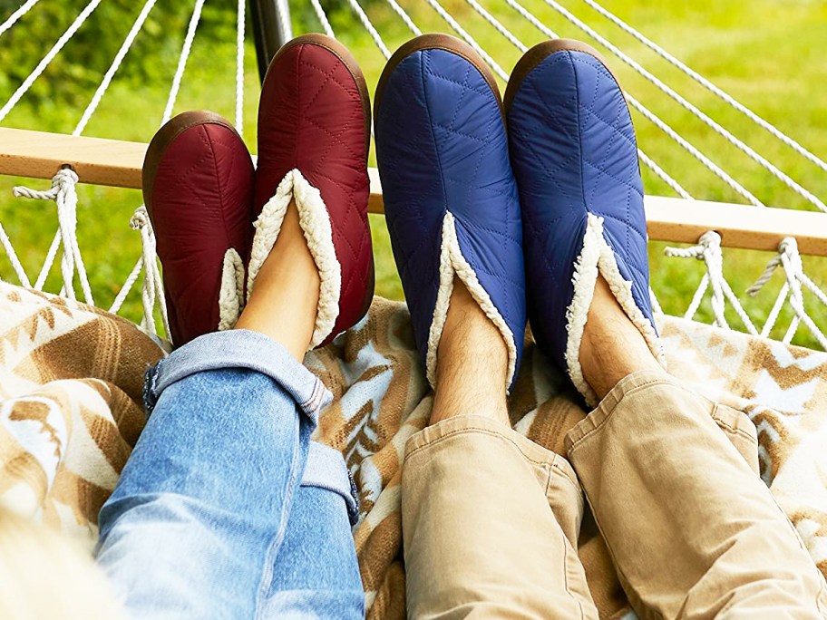 two people wearing red and blue bootie slippers