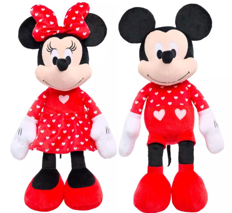 minnie mouse and mickey mouse plush dolls dressed in valentines themed outfits