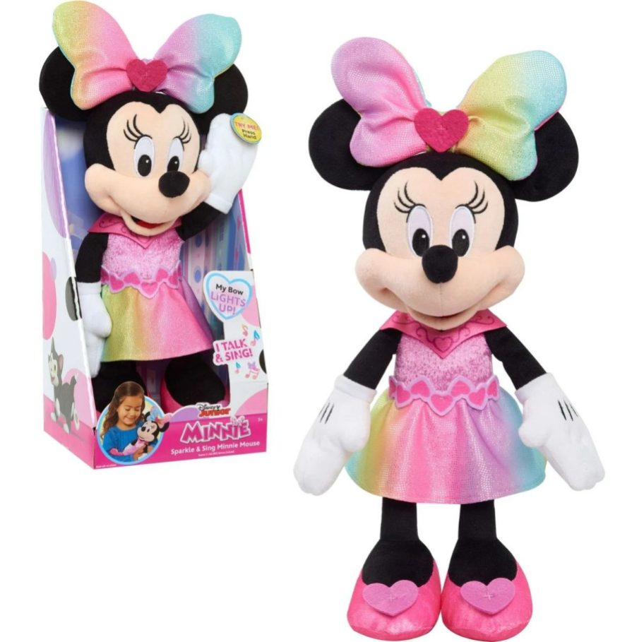 sparkle and sing minnie mouse in packaging next to one without packaging on a white background