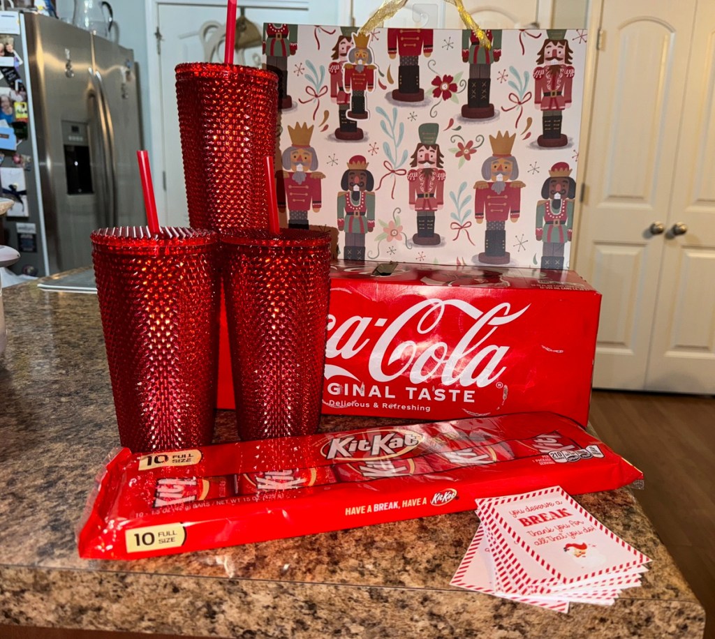 An affordable Dollar Tree Tumbler gift with coca cola and kit kats