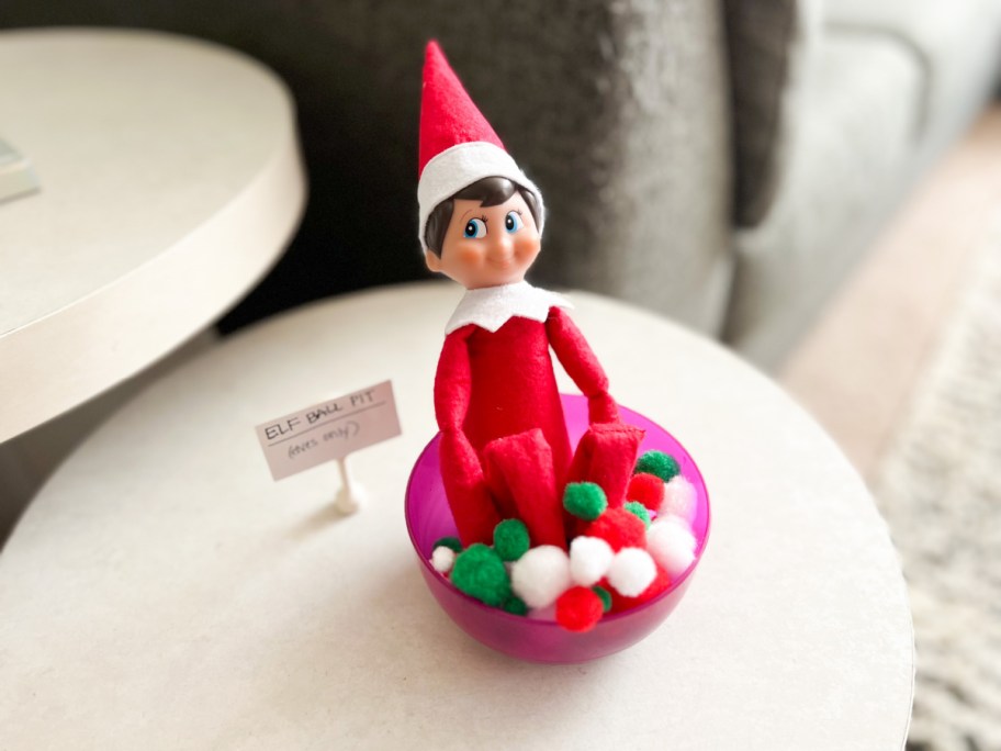 elf in a ball pit, a favorite Dollar Tree Elf on a shelf idea