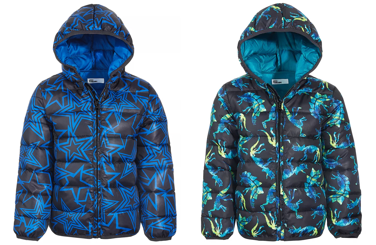 blue star and dinosaur print puffer jackets