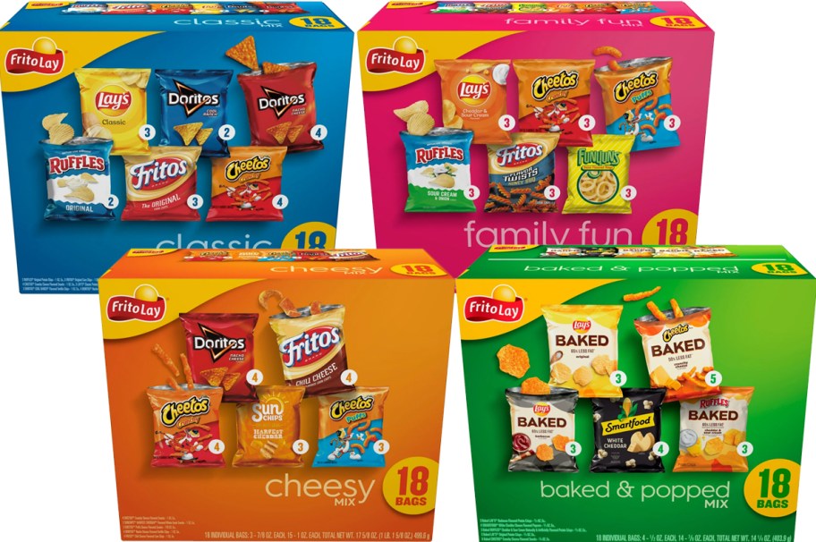 4 variety pack boxes of Frito-Lay Chips