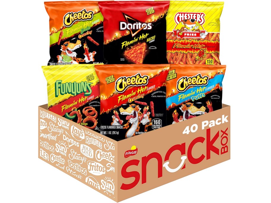variety of flamin' hot snacks in cardboard box