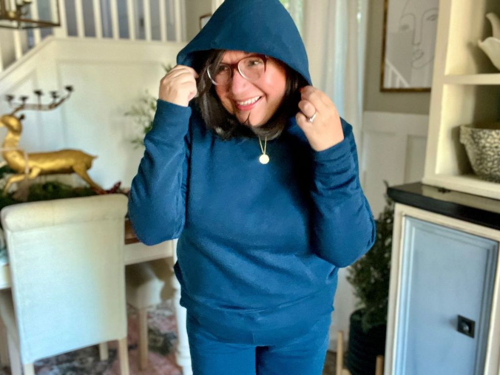 woman wearing blue hoodie
