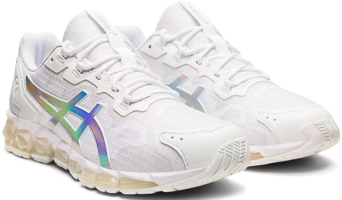 White sneakers with a rainbow gradient logo