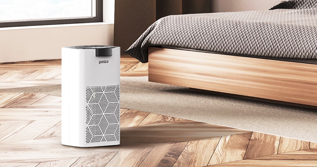 white air purifier at foot of bed on hardwood floor