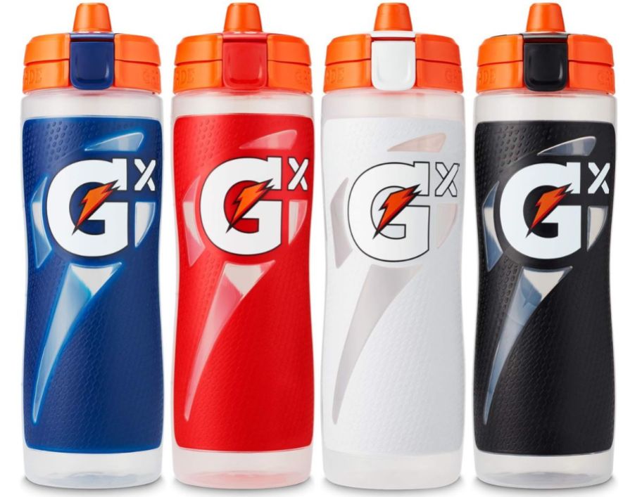 four gatorade gx bottles in blue rad, white and black