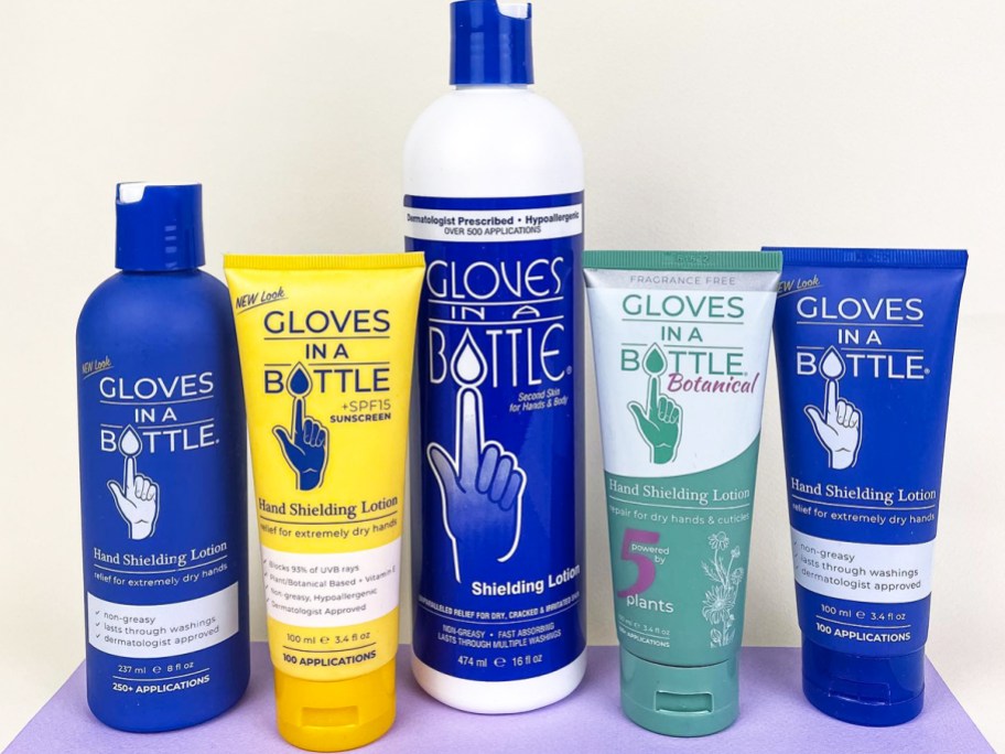 multiple bottles and tubes of Gloves in a Bottle