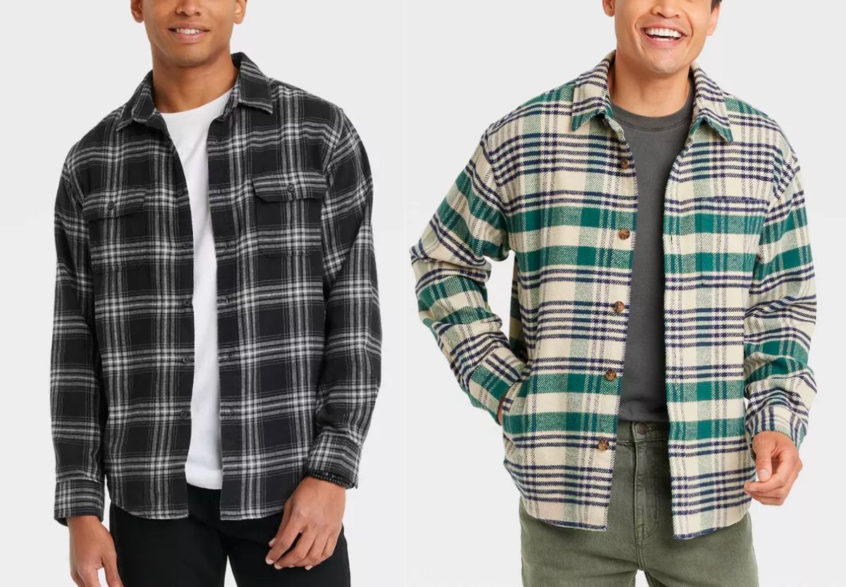 two male models wearing Goodfellow and co mens flannel shirts from target