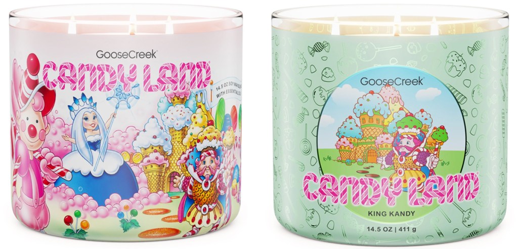 two candyland themed 3-wick candles