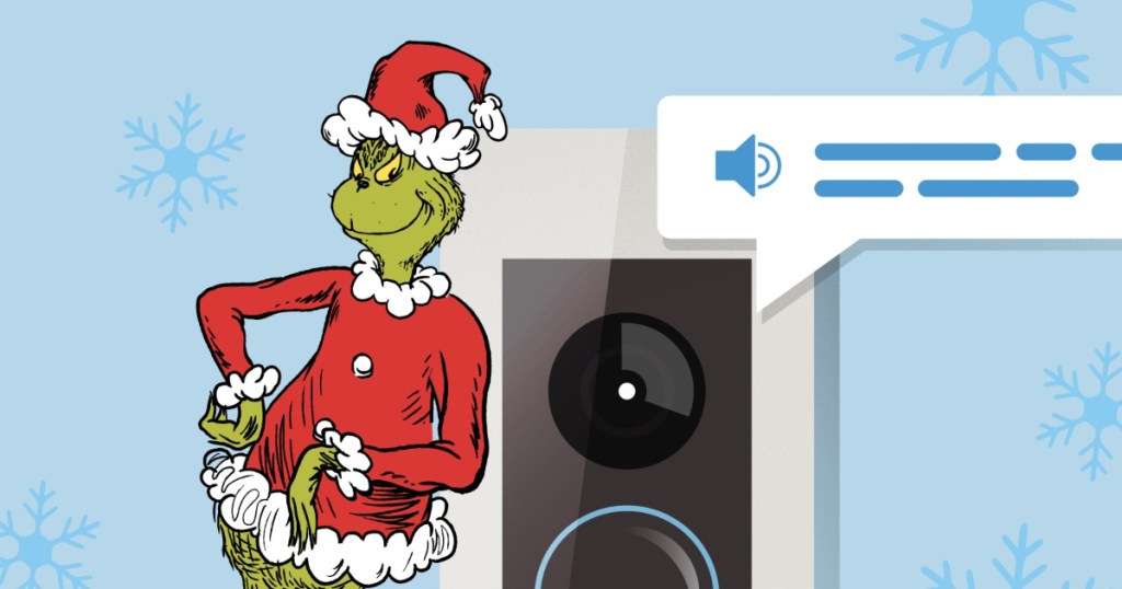 animated Grinch leaning on Ring Doorbell