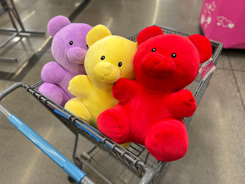 3 different colored gummy bear plush in walmart cart