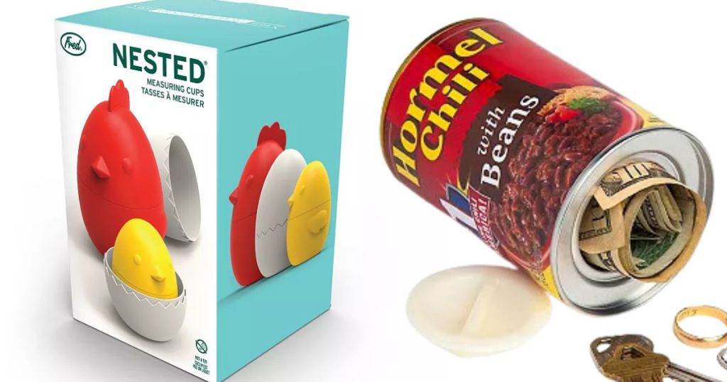Fred Nested Chicken Measuring Cups and Protocol Hormel Chili Can Safe