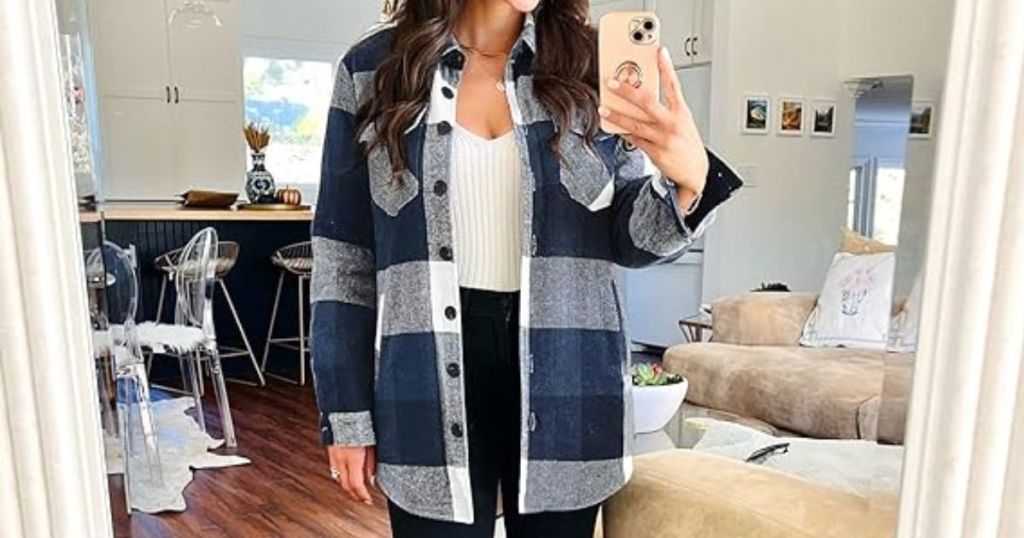 woman wearing a blue and white plaid shacket