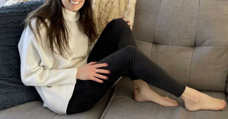 woman sitting on couch wearing 32 Degrees Velour Leggings and Top