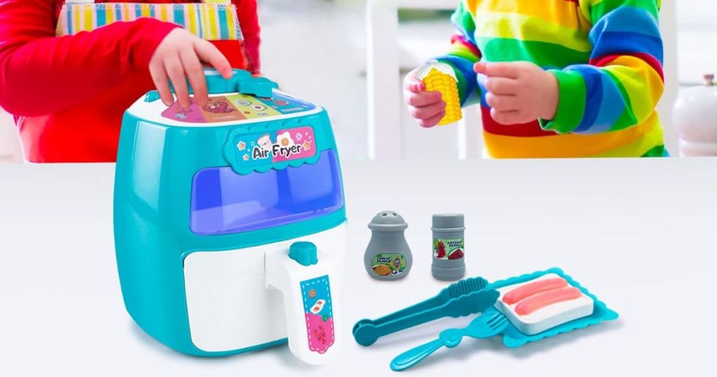 kids playing with a Kid's Toy Air Fryer with Play Food 