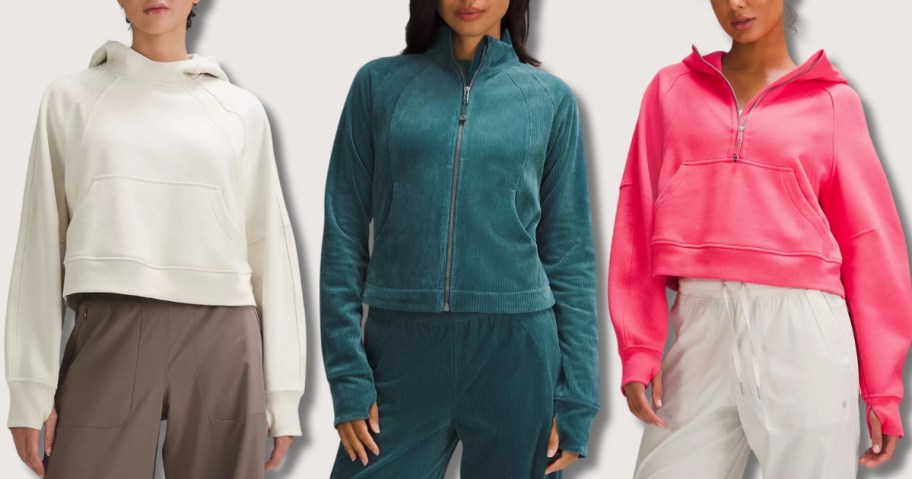 women wearing different colors and styles of lululemon Scuba hoodies and jackets