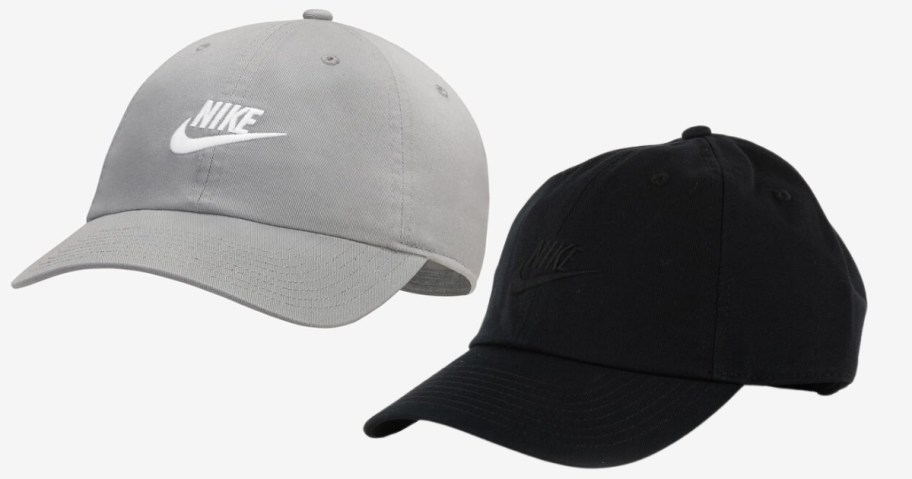 Grey and white Nike logo baseball hat and solid black Nike logo baseball hat