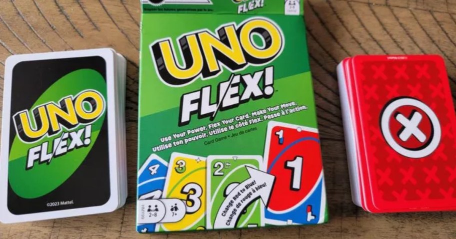 UNO Flex card game, box and cards laid out