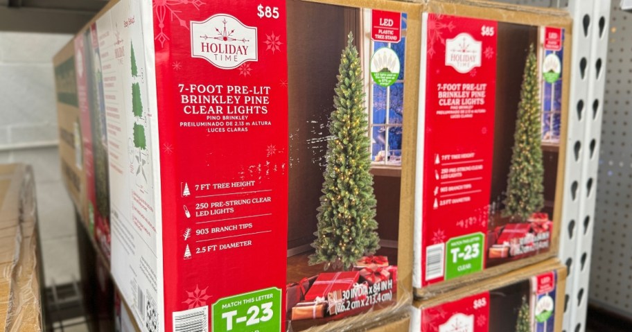 artificial Christmas trees in red and brown boxes on a shelf