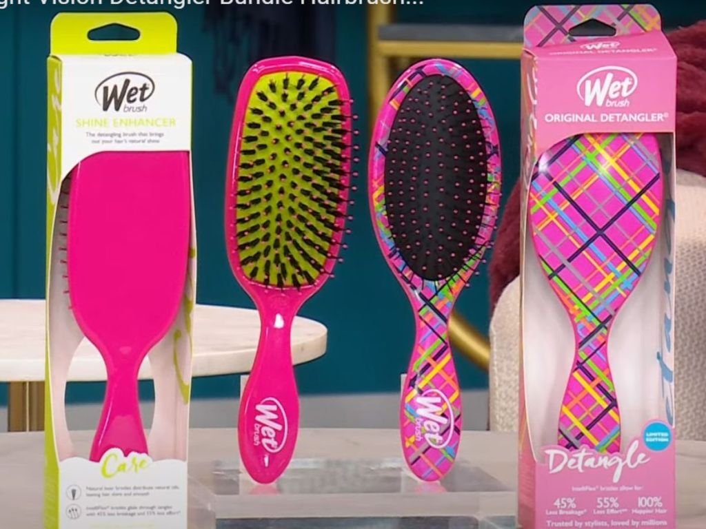 image of hot pink and pink plaid Wet Brush Detangler Brush and Shine Enhancer Brush on display - 2 in box, 2 out of box