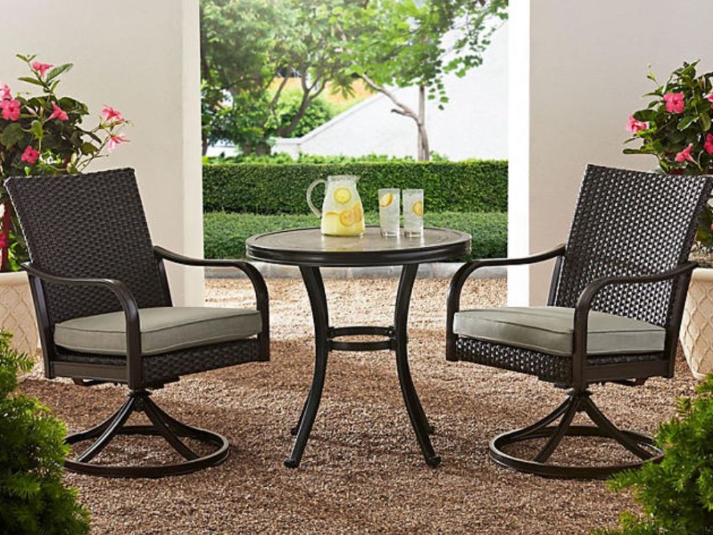 3 piece patio set with swivel chairs and bistro table