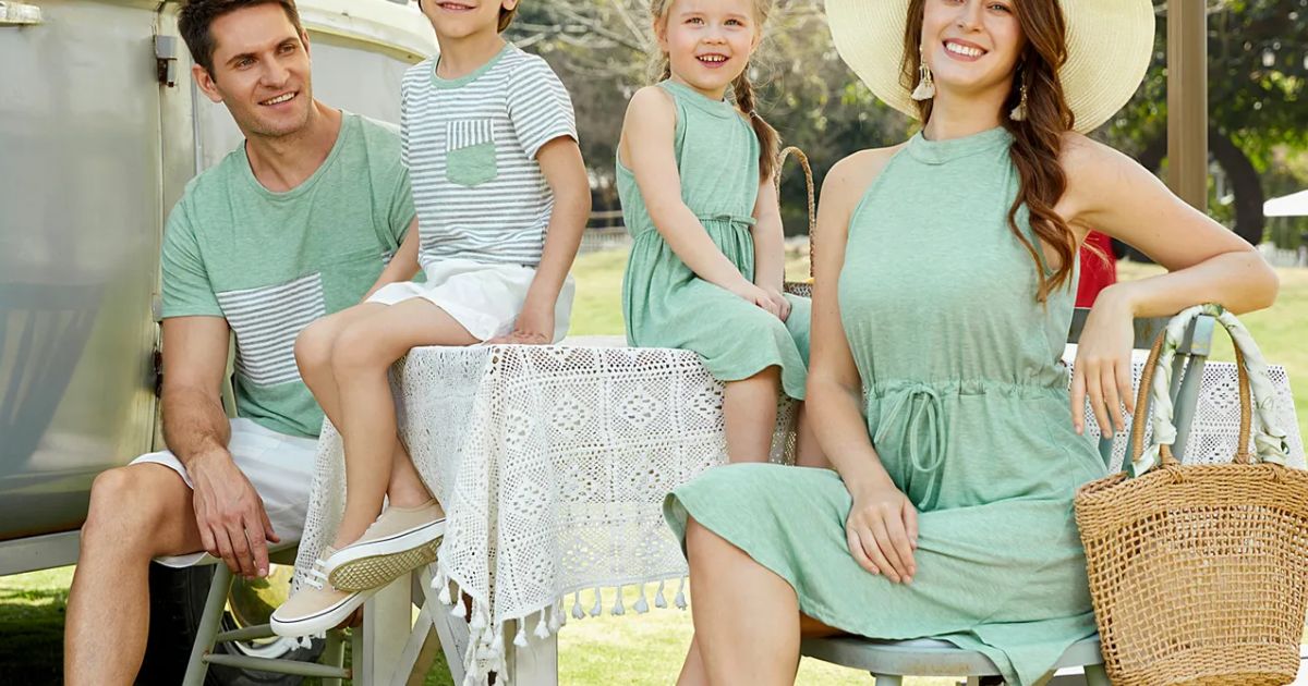 family wearing a matching PatPat outfit in light green