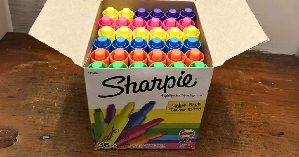 open box of Sharpie Tank Highlighters showing the different color highlighters