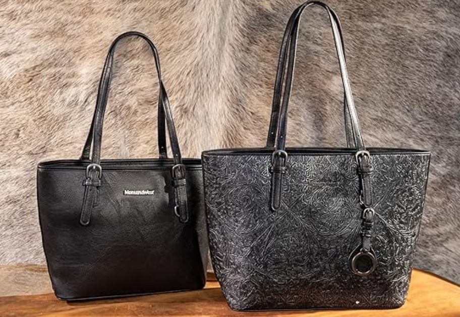 black embossed women's faux leather tote bag and handbag set