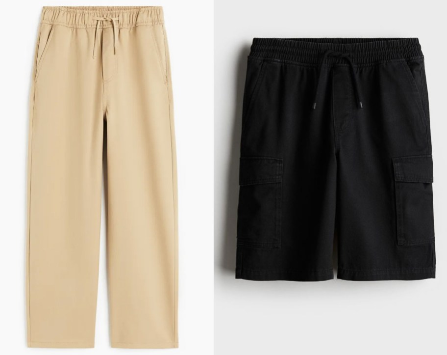 pairs of khaki pants and black shorts
