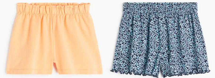 light orange shorts and blue floral print shorts
