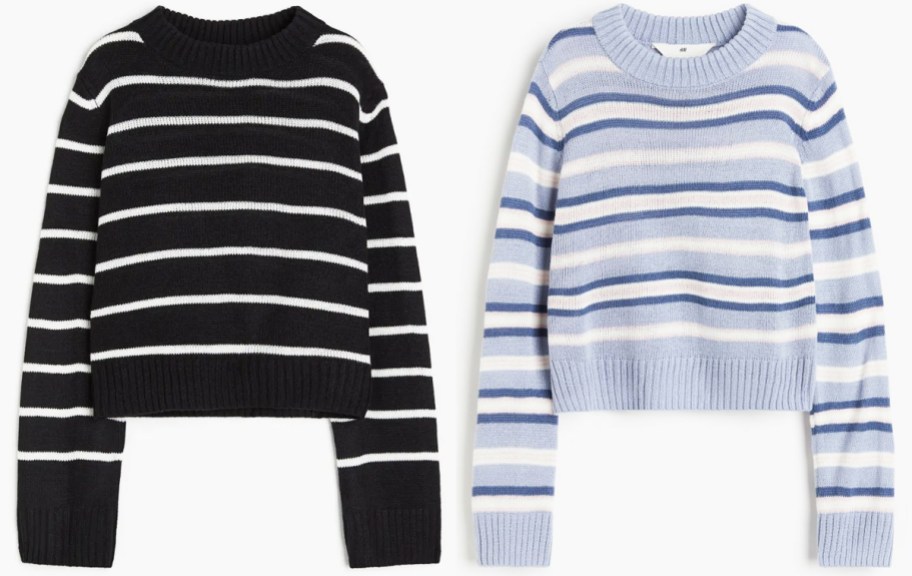 black and blue striped sweaters