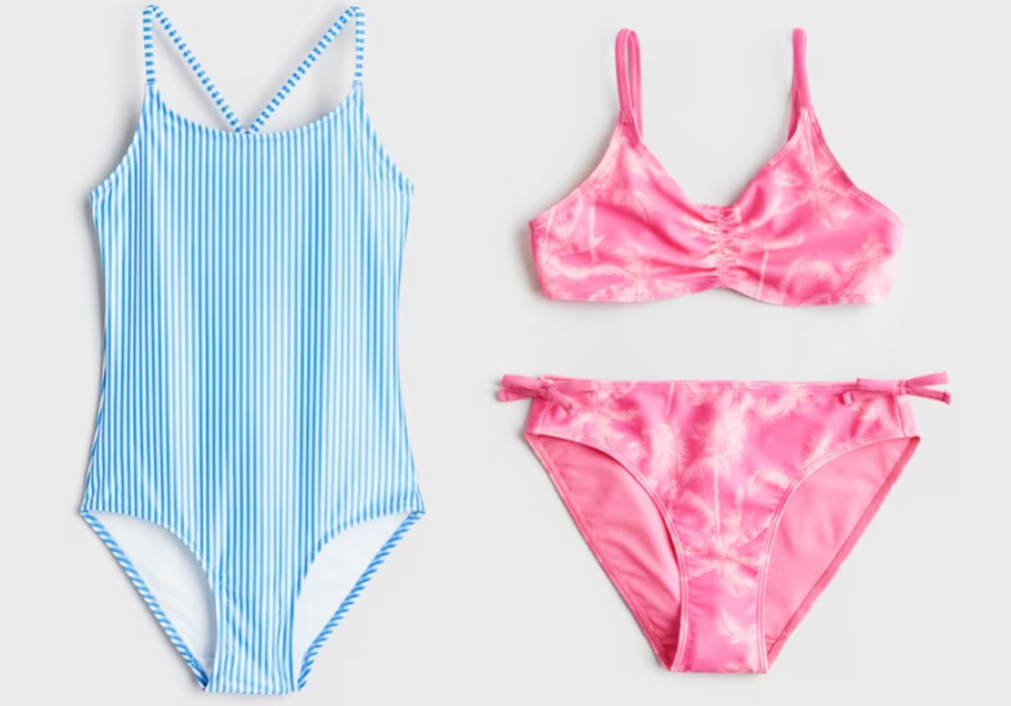 blue striped one-piece bathing suit and pink two-piece bathing suit