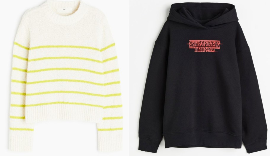 white/green striped sweater and black stranger things hoodie