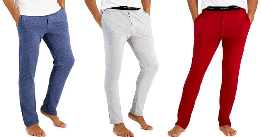 three men in blue, light grey, and red sleep pants