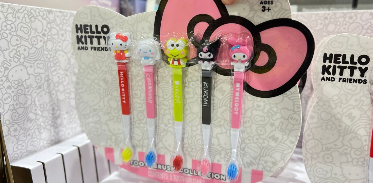 Hellow kitty toothbrush set on a shelf in store at costco