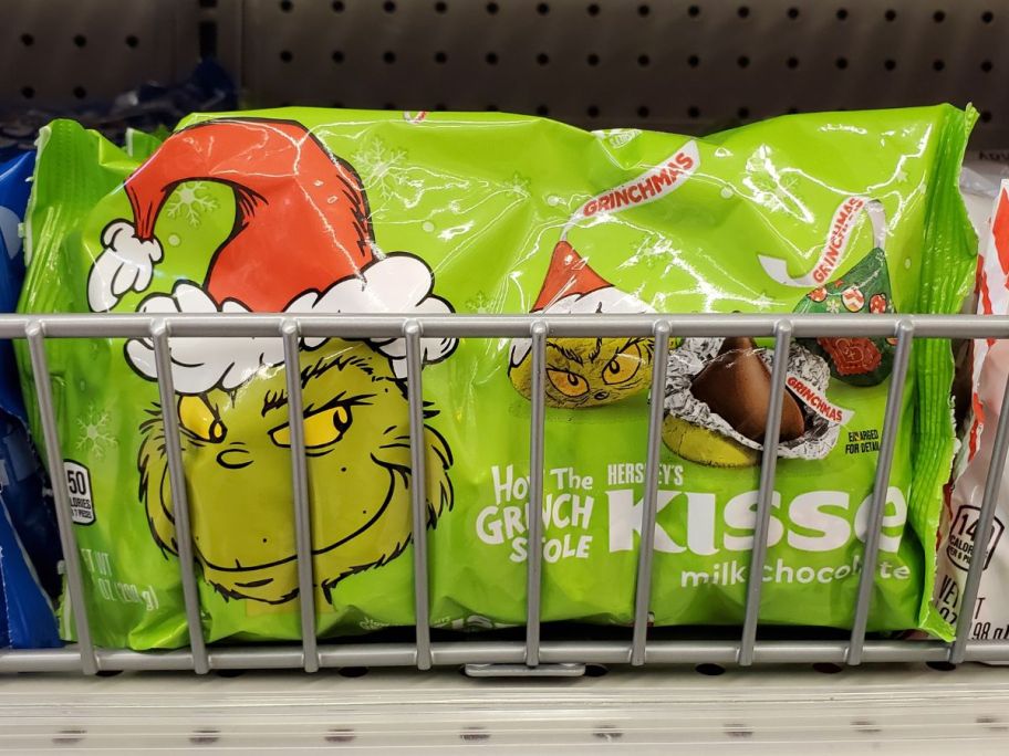 Hershey's Kisses Grinch Christmas Candy 9.5oz Bag on shelf in store