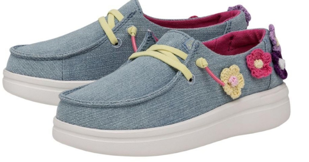 denim Hey Dude Floral Crochet Shoes with flowers