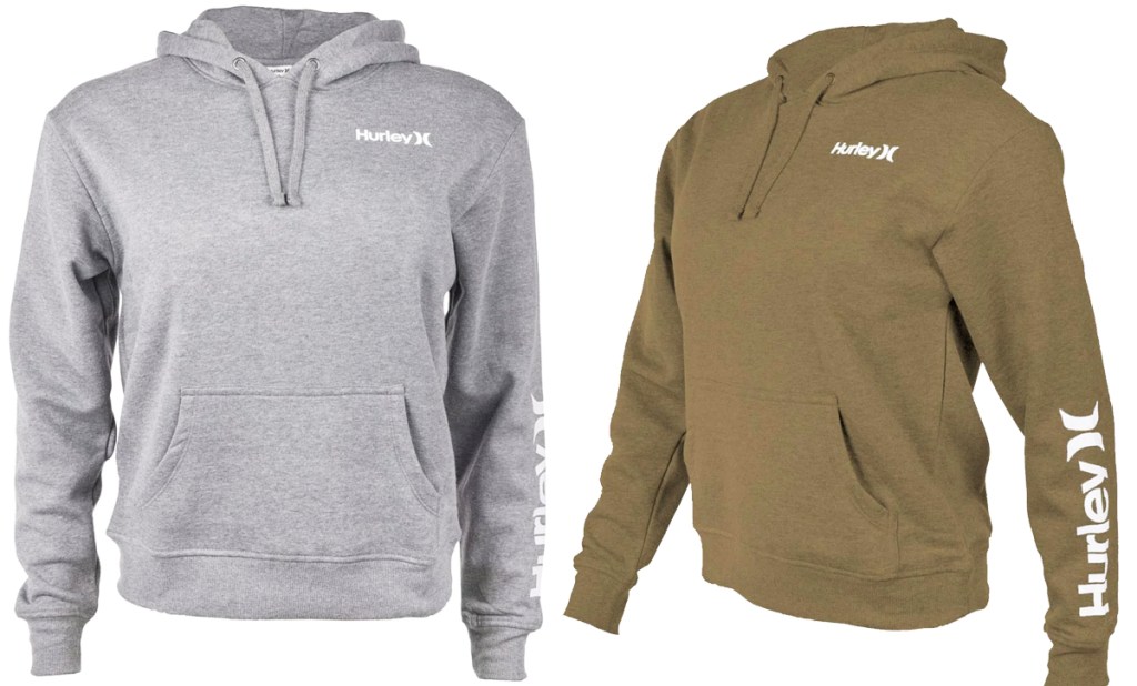 light grey and olive green hoodies