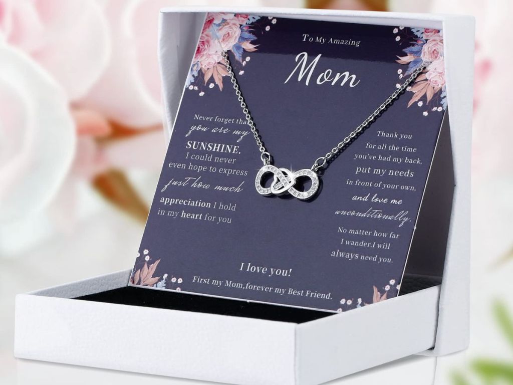 An infinity heart necklace for mom in a gif box