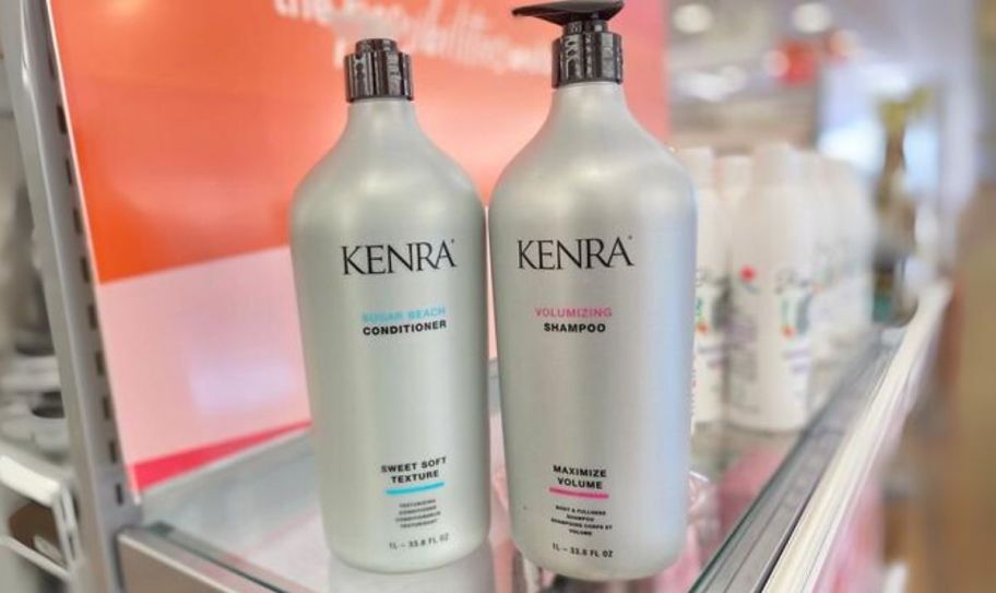 two liters of kenra shampoos on a store counter