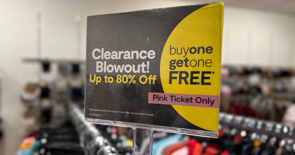 Signage for the JCPenney Clearance Blowout BOGO event